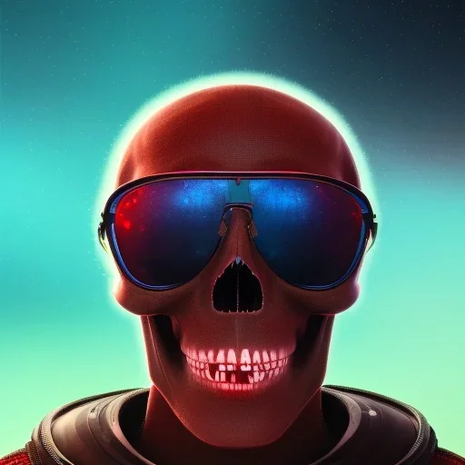 Midjourney style of detailed and intricate skull wearing red sunglasses| wearing cosmonaut suit| portrait and science fiction theme| aurora lighting| nebula and stars| stunning environment| volumetric lighting| vibrant