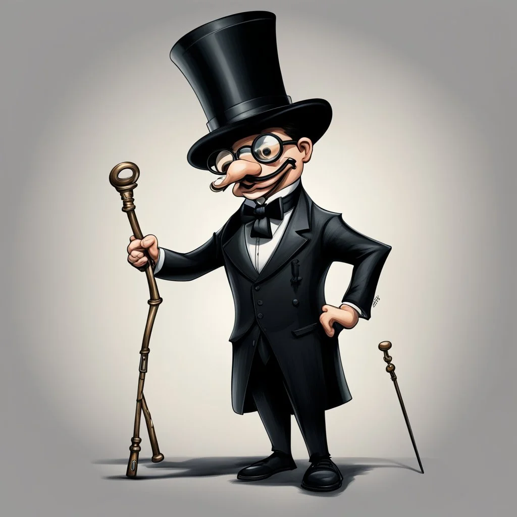 Monopoly Mayor man with black suit and black top hat and monacle and cane, Monopoly concept art, profound, dramatic, cartoon illustration