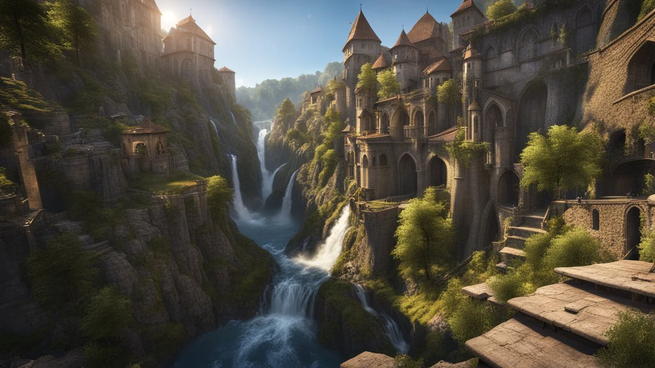 a steep, narrow, 3.000 feet tall ravine. a multiple waterfall falling into the middle of a medieval european city. The city is at the bottom of the ravine. a masterpiece, fantasy concept art, dynamic lighting, hyperdetailed, intricately detailed, deep color, Unreal Engine, volumetric lighting, Epic cinematic brilliant stunning intricate meticulously detailed dramatic atmospheric maximalist digital matte painting