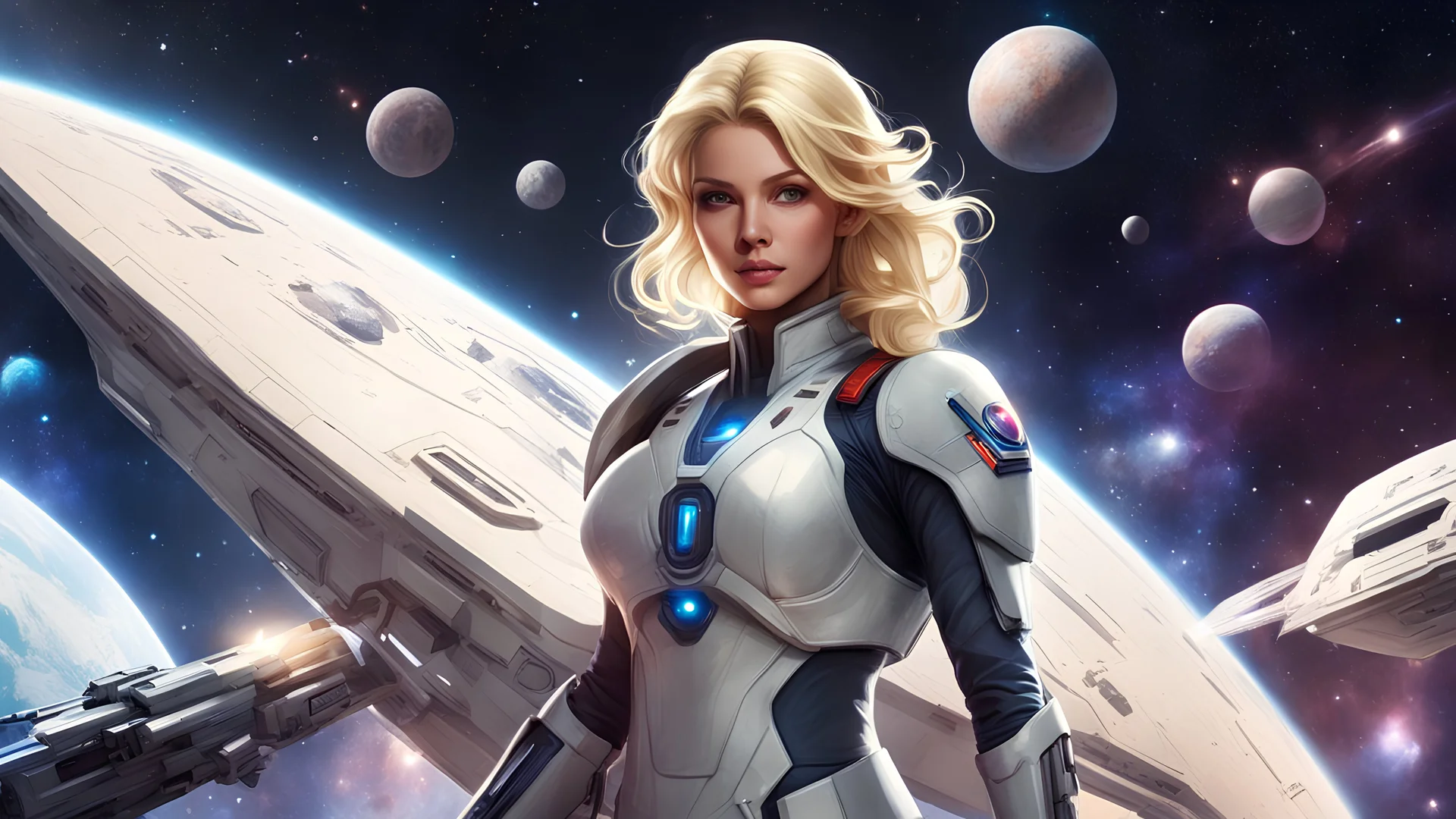 Guerriero soldato dello spazio galattico affascinante biondo alto alto figura completa tutto il corpo connessione astronave madre spaziale viaggio iniziatico