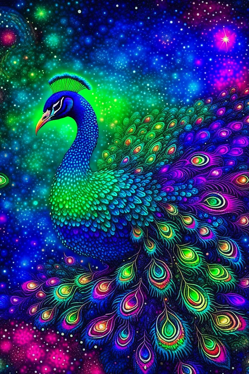 "Create a mesmerizing digital artwork that combines the ethereal beauty of a starlit galaxy with the intricate patterns and vibrant colors found in a peacock's plumage. Infuse a sense of cosmic wonder and regal elegance into the composition, allowing the viewer to be transported to a realm where celestial and earthly aesthetics harmoniously converge."