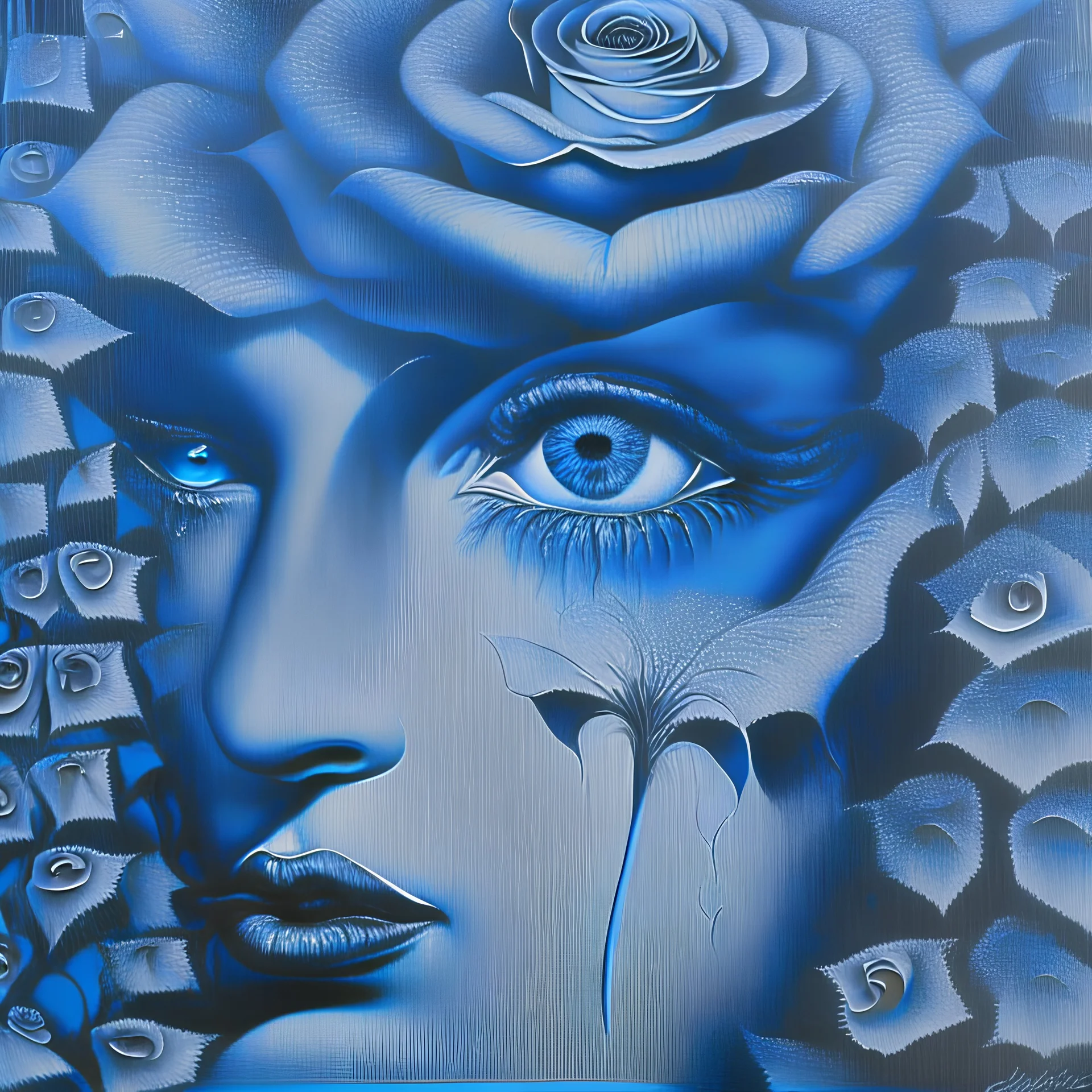 A detailed high quality surreal painting of a delicate, shimmering single blue animorphic rose that had a small pretty face in its petals, pouting, background is a blurred black and white hypnotic pattern, very mod, 1960s inspired art, psychedelic, highly detailed conceptual art, mixed media collage, dark fantastical atmosphere, fine lines, dali-esc, beautiful and natural, strange art, optical illusion