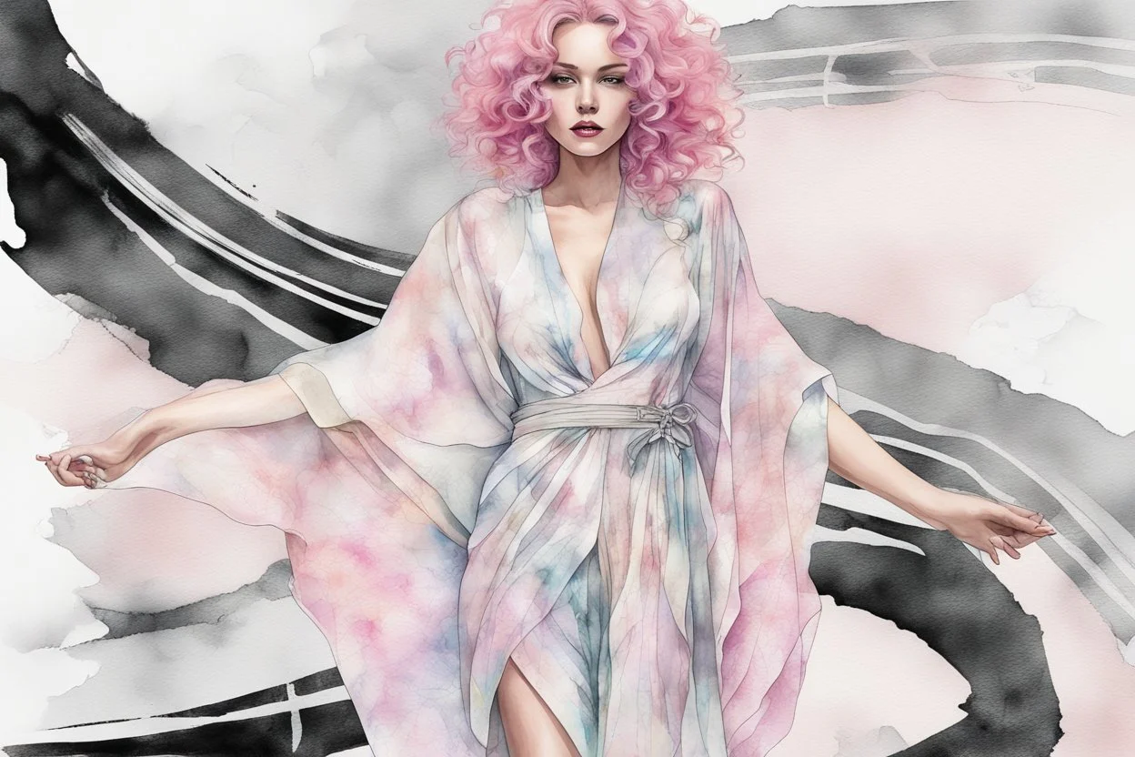 A beautiful woman with knee-length curly pink hair, wearing a spider-sleeved ankle-length tie-dye kaftan and silver high-heeled sandals, double exposure, merged layers, watercolor and black ink outlines, soft, shading strokes, cracked marble holographic background, the cracks are golden S<AI in sunshine