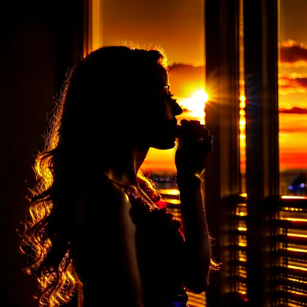 A silhouette of a sensual tender girl longing for a kiss, looking at the sunset from the window that creates her shadow.