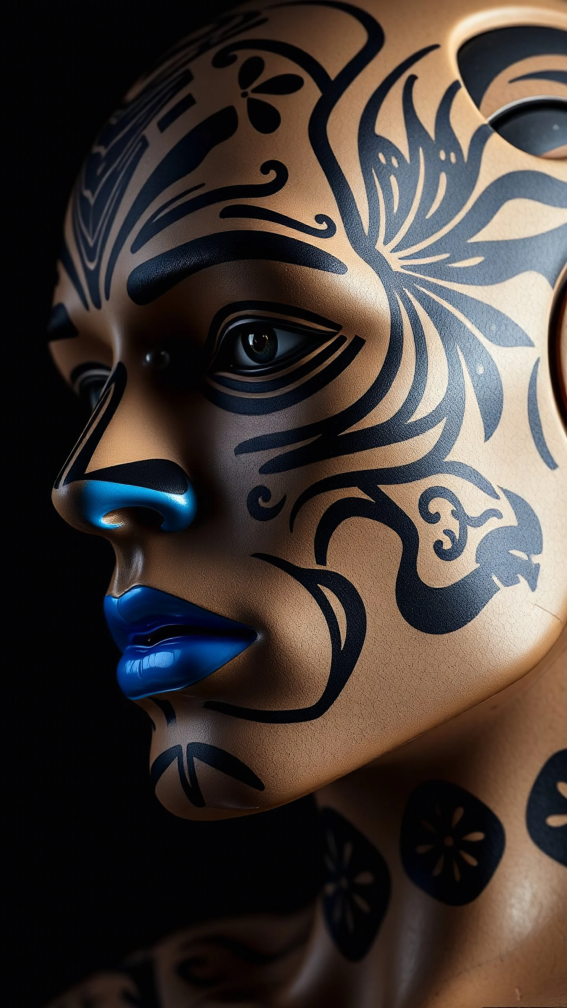 Close-up side portrait of a crash test dummy, vibrant blue lips, face decorated with indigenous tribal animal patterns, ceremonial wildlife symbols, ancestral motifs, black background, dramatic studio lighting, detailed, powerful