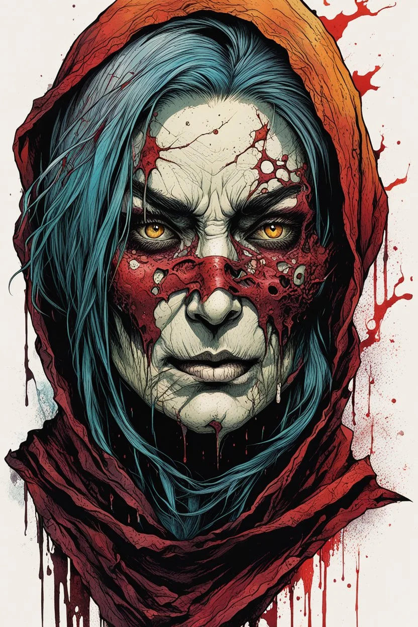 highly detailed color woodcut concept illustration of an aged, world weary, female rogue fantasy character , maximalist, sharp focus, highest resolution, in the styles of Alex Pardee, Denis Forkas , Bill Sienkiewicz, and Masahiro Ito, boldly inked, 8k, coarse, gritty textures