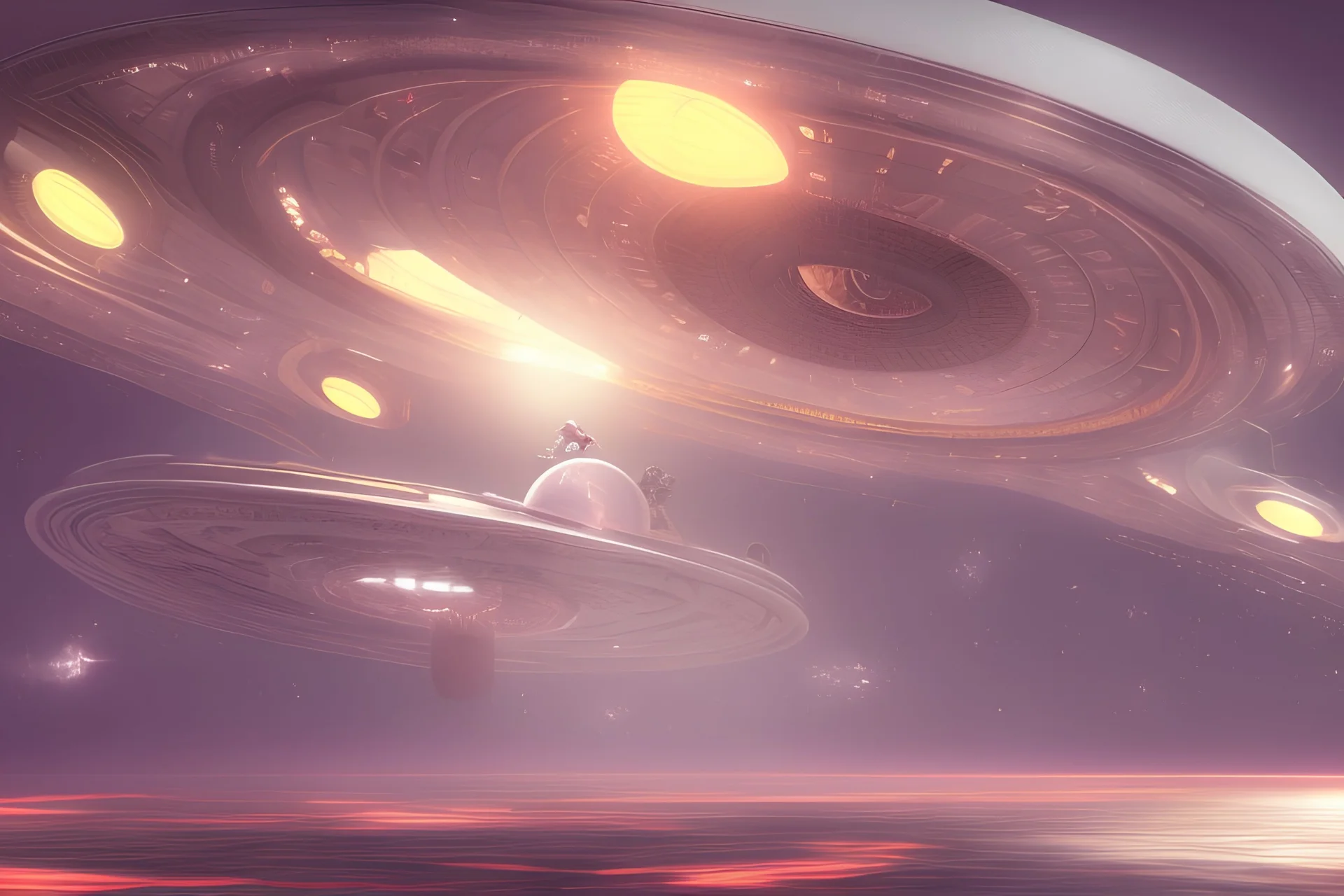 beautiful woman riding inside flying saucer over future alien city