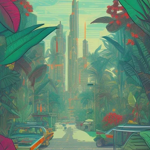 tropical city, latino, plants, streets, risograph poster, flat design, 2 colors