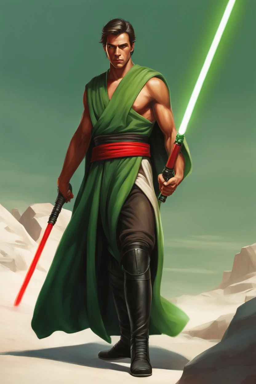 Full Muscular Body, Male Tan Human, Sith Empire, Red Bandage Blindfold. Green and Black Robes, Red Lightsaber, HD