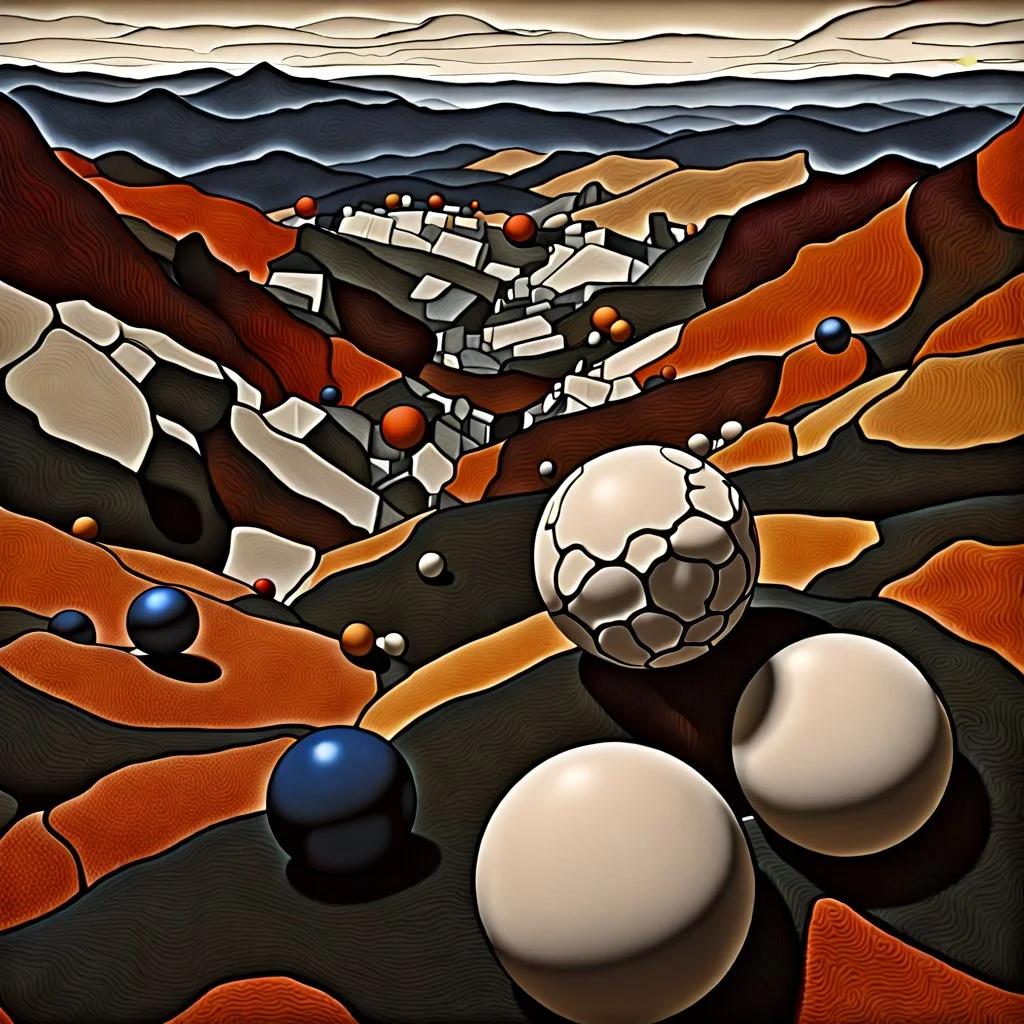 Spooky detailed landscape, strong texture, extreme detail, high contrast, rich colours, Egon Schiele, spheres, 3d, 4k