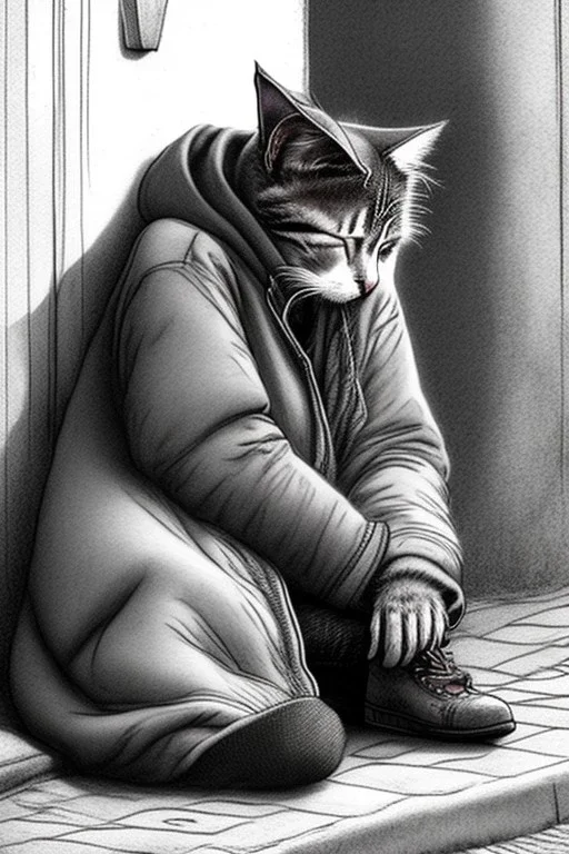 One single mature homeless cat with worn out clothes, sleeping in a corner on the street, Vienna, mourning, model style, hyper realistic, extremely accurate, delicate, extremely detailed, Graphic novel style, wide-angle, open aperture, superfine pencil