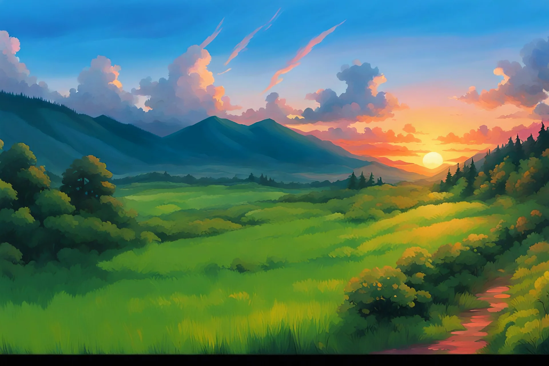 It is a scenic landscape with a lush green meadow, rolling hills, and a vibrant sunset sky with colorful clouds. The background features a range of mountains silhouetted against the warm orange and pink hues of the setting sun. like Studio Ghibli and oil painting