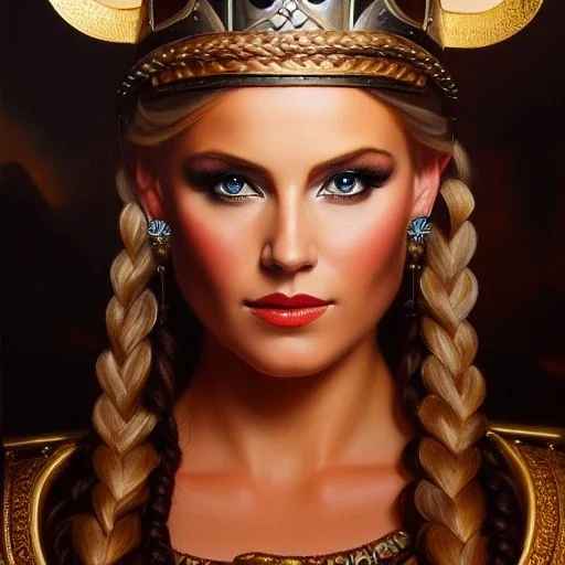 portrait of beautiful busty viking queen painting by Brom ,braids, oil on canvas, cinematic composition, extreme detail,fit full head inside picture,8k