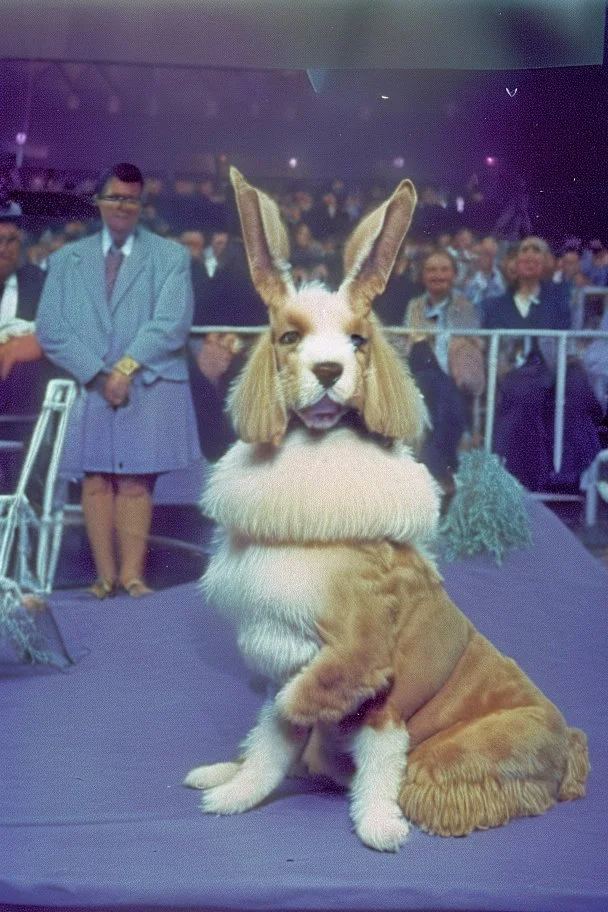 1990 dog show the winner is a "half human rabbit combined animal::40", realistic (film Color Mission 200::10) photo from old disposable camera , grainy photo