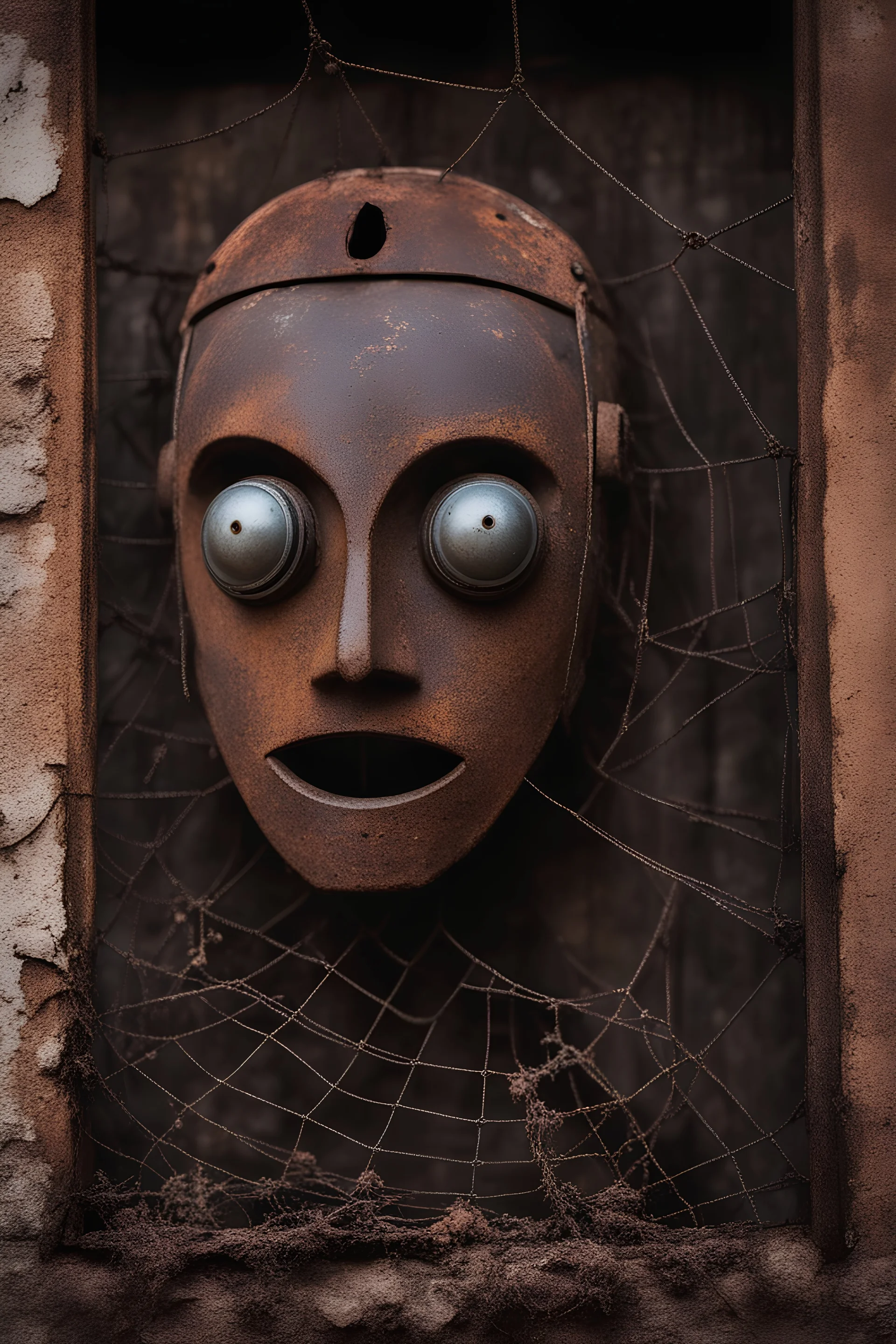 Face of a rusty metal robot, dark sad metal eyes, crying eyes , hanging mouth with loose metal teeth’s, spiderweb on the face, dark scenery, framed by old dirty wall, dust, broken parts 1965