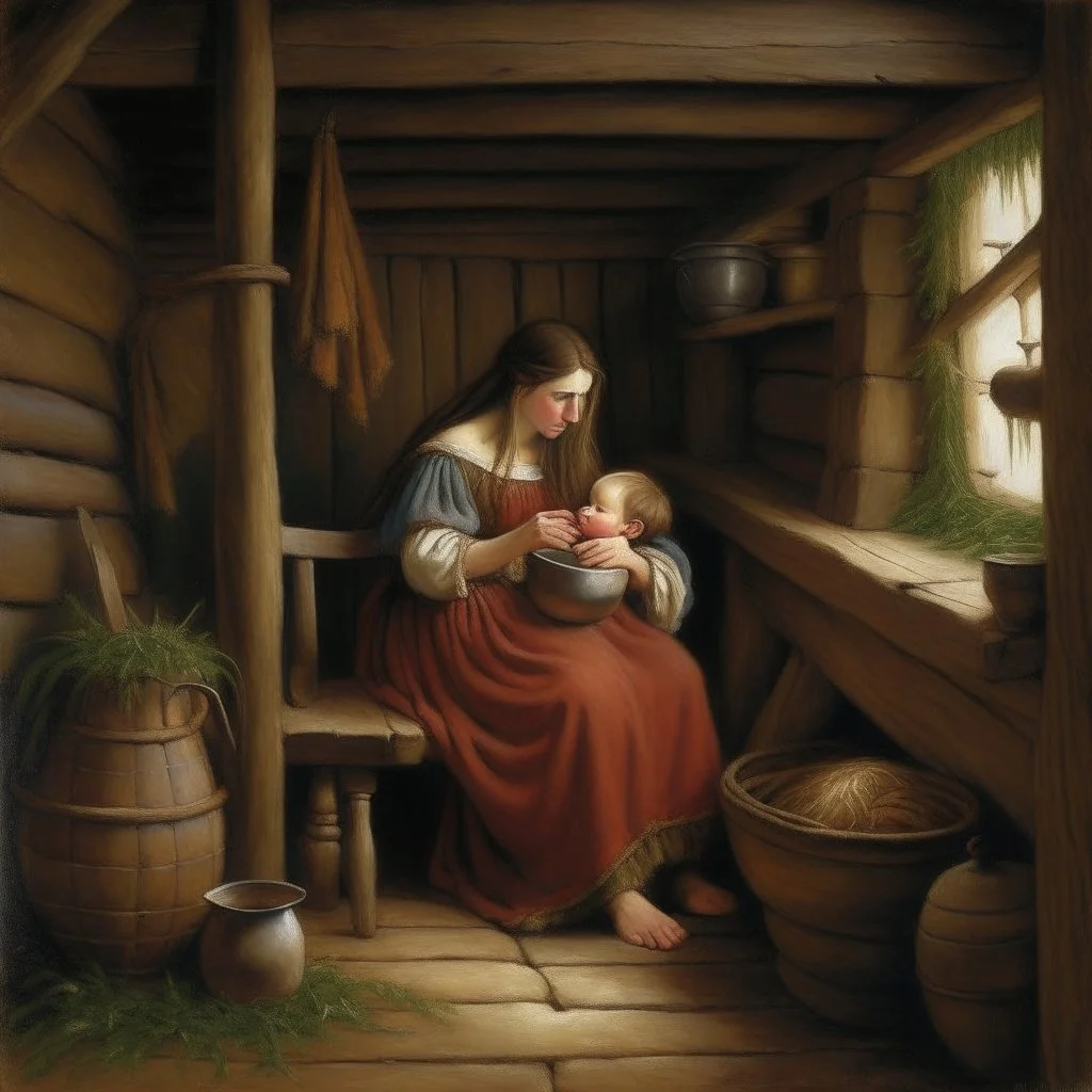 a medieval woman breastfeeding a man in a shed, oil painting,