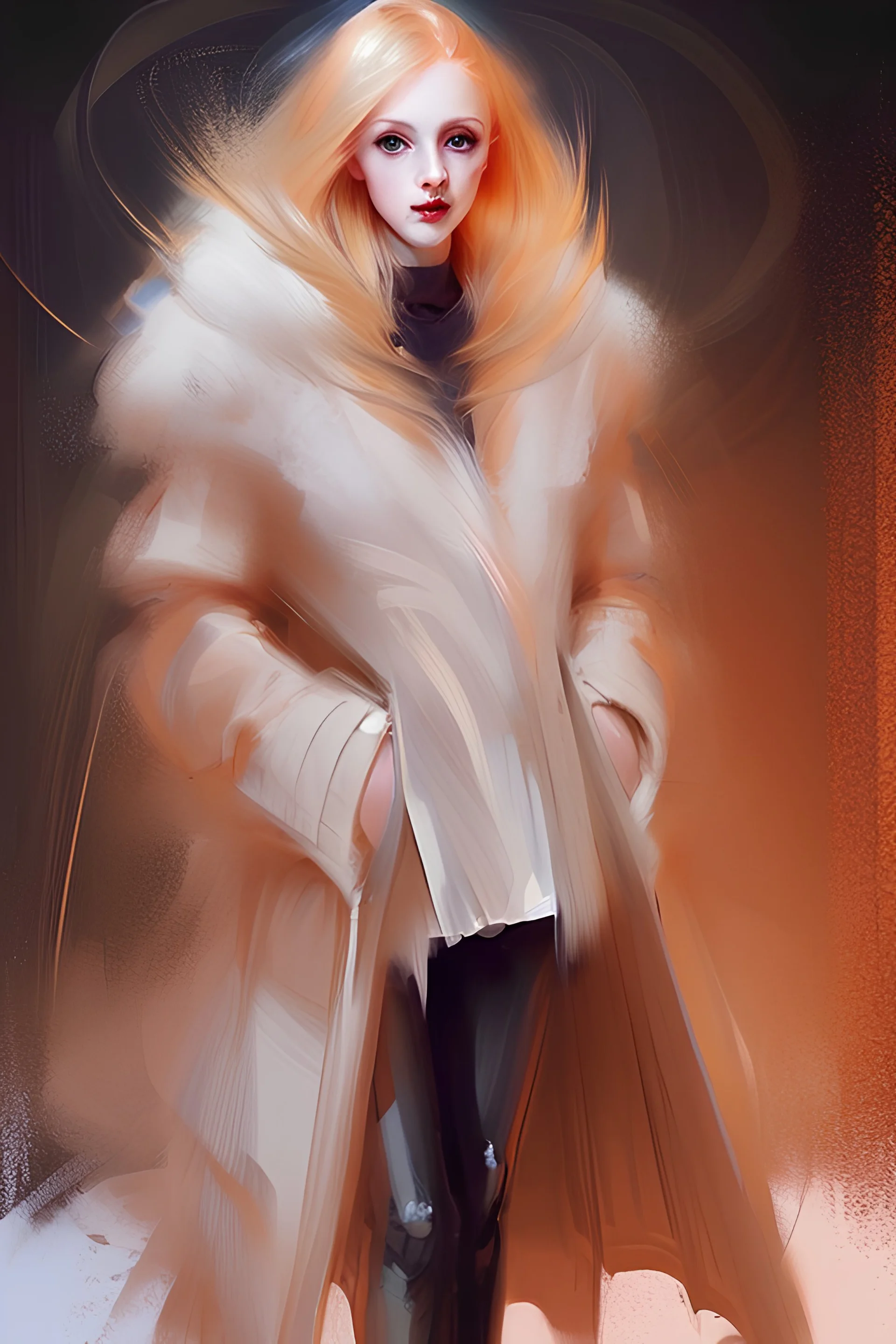 A beutiful young sexy blonde pale skin red hair girl in winter coat ; full body, smooth, by Andrew ATROSHENKO; Speedpaint with large brush strokes ; drip painting; paint splashes; a masterpiece; maximalist; uncanny; highly detailed and intricate, beautiful colors; no sign, no watermark, no extra woman, no extra man