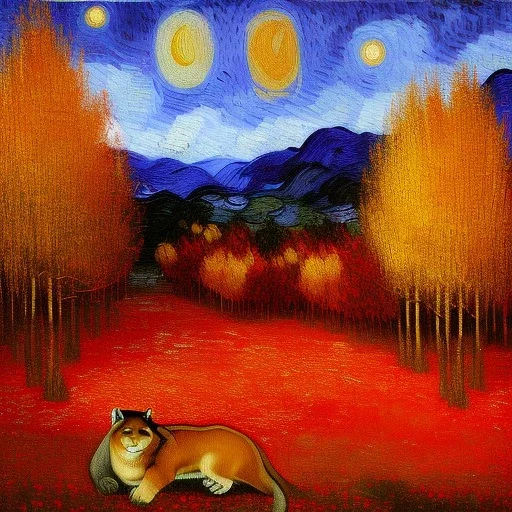 Dibujo al oleo de un puma en el bosque rojo con nubes estilo Vincent van Gogh