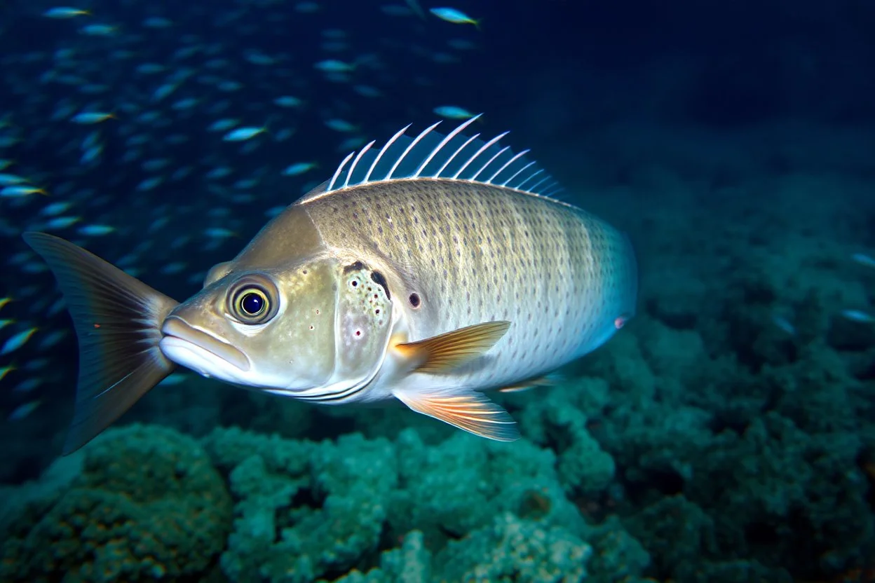 A Mola tecta fish swimming in the ocean with anchovies in the background.