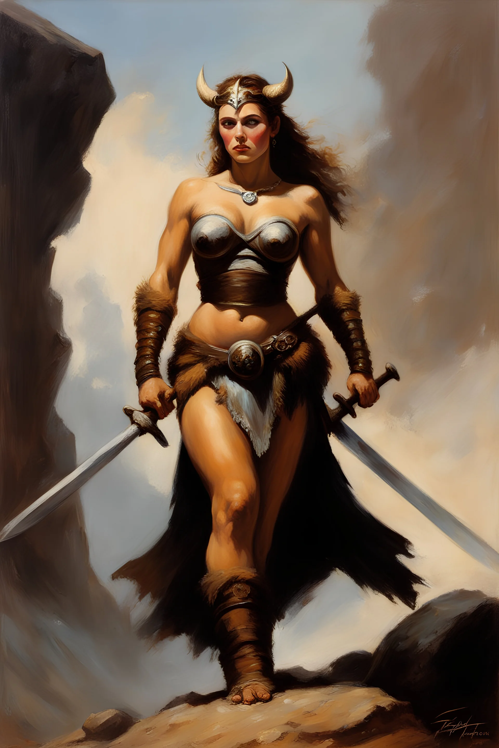 frank frazetta oil painting of the actress Elizabeth Olsen as a female barbarian