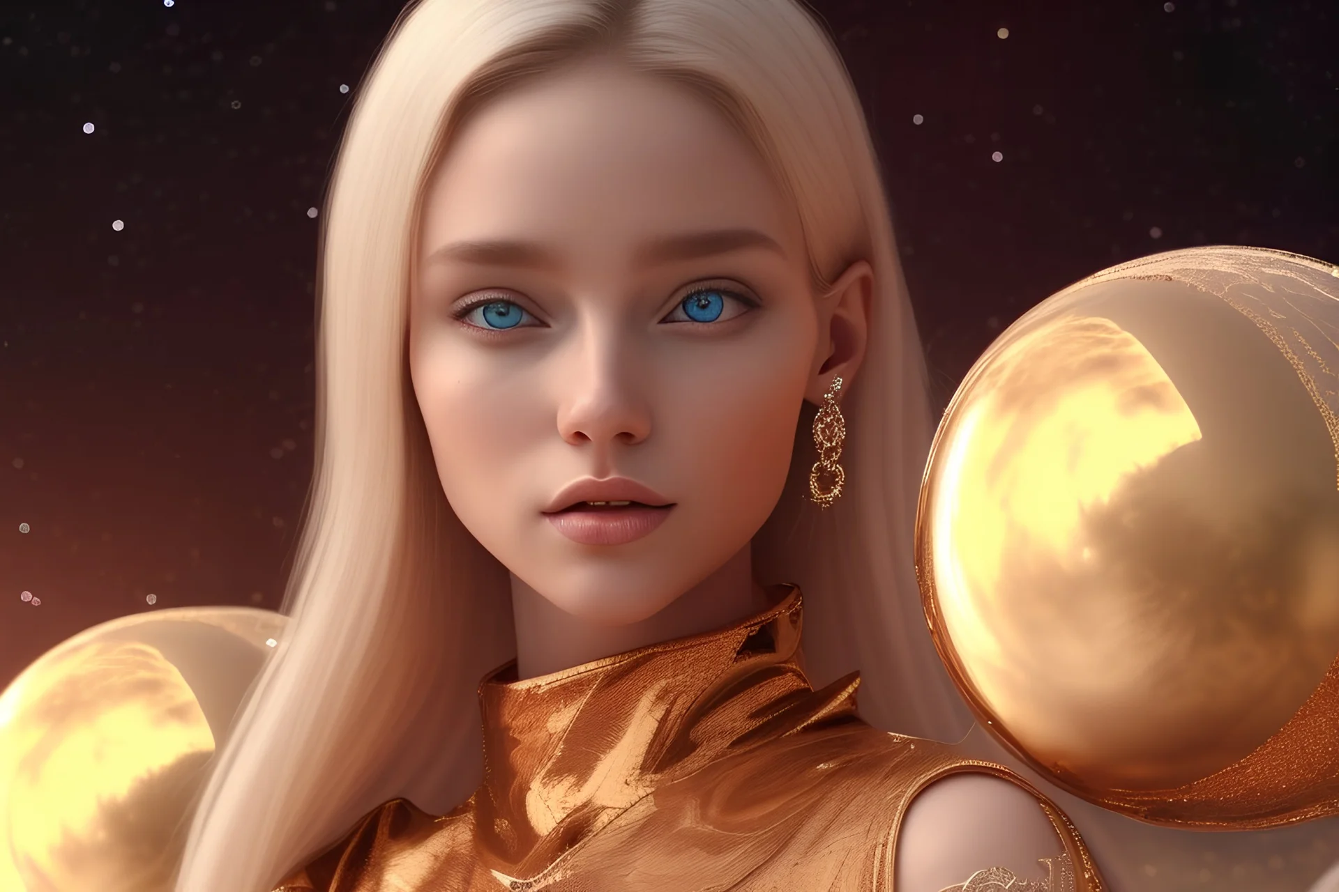 brown eyes, laugh, blonde sophie hennie cute young woman singing at saturns europa moon, golden jewelry, ice cold, winter, magnificent, majestic, highly intricate, incredibly detailed, ultra high resolution, complex 3d render,renaissance painting