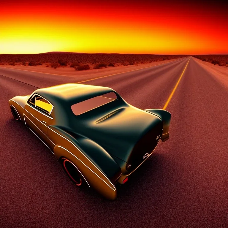 art deco, muscle car, desert road, sunset, full colour, hd,