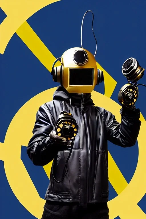 Metallic Cyber-punk style man with a web-camera-mask and old AKG-style headphones with golden rings. Large fencing mask covers man's cheeks. Man in good body shape. Reflective plastic. Body and head full of integrated old-fashioned cameras and an old telephone. Perfect body. Euclidean 3D-tiling, Escher tiling, background. Cables from body, symmetric. Daft Punk, Matrix movie black leather jacket with a Hood. Yellow latex areas in black leather surfaces body. 1990's