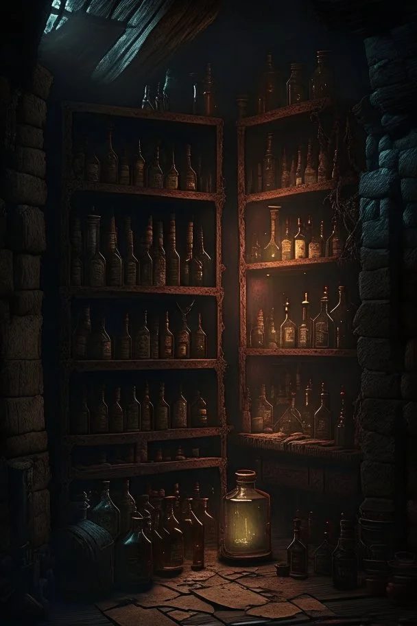 A dark dungeon room with a dusty shelf holding only vintage bottles