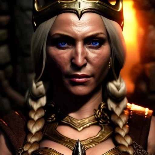 Ultra detailed fullbody Portrait in oil on canvas of Skyrim busty female Viking GreatHall ,extremely detailed digital painting,ultrarealistic skin,intense stare, extremely detailed face, crystal clear eyes, mystical colors ,perfectly centered image, perfect composition, rim light, beautiful lighting,masterpiece ,8k, stunning scene, raytracing, anatomically correct, in the style of Simon Bisley and Ohrai Noriyoshi and robert e howard and Steve Jung and Wizyakuza and uncannyknack.