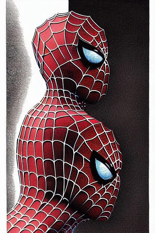 a vibrant ultraclear sideview waist up portrait of the spiderman robot by rene magritte and laurie greasley, etching by gustave dore, colorful flat surreal, ethereal, intricate, sharp focus, illustration, highly detailed, digital painting, concept art, masterpiece