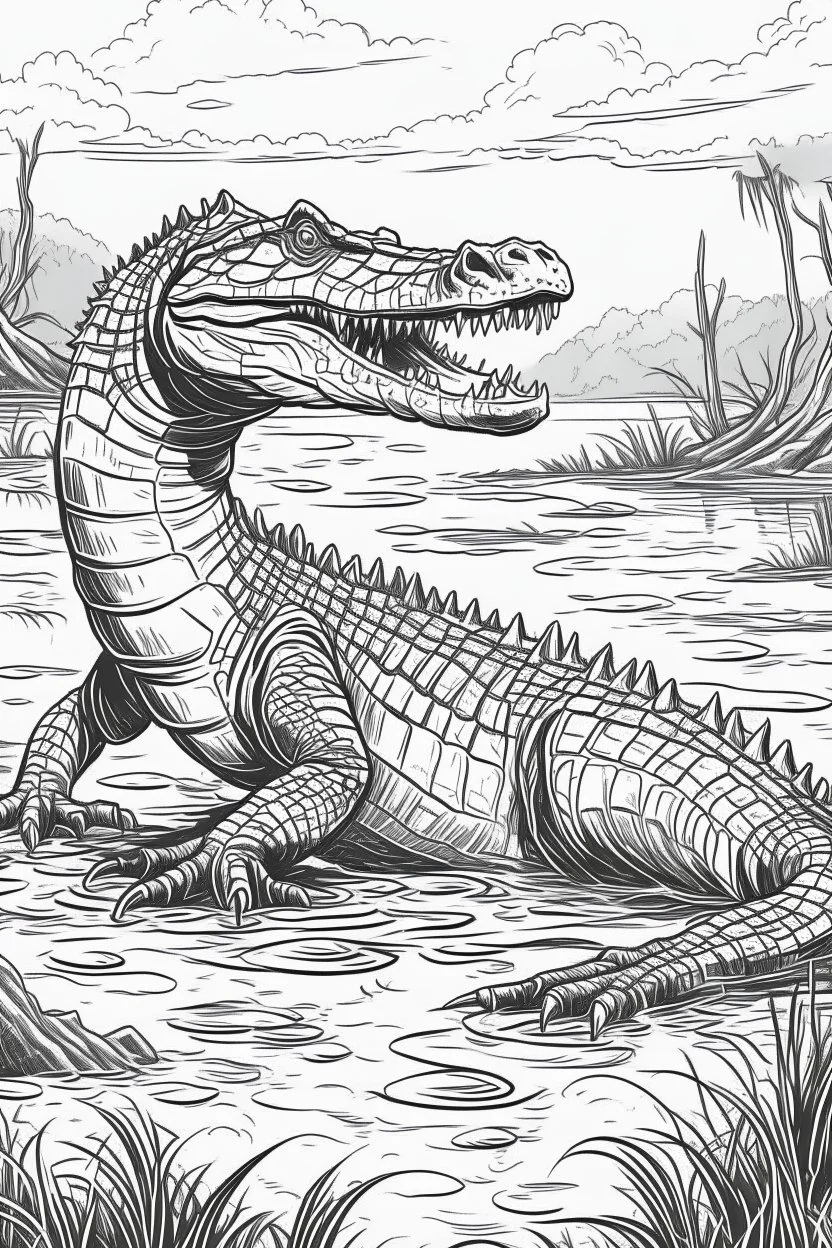 Outline art, no shading, full body crocodile in the river, black and white, low detail, --ar 9:11