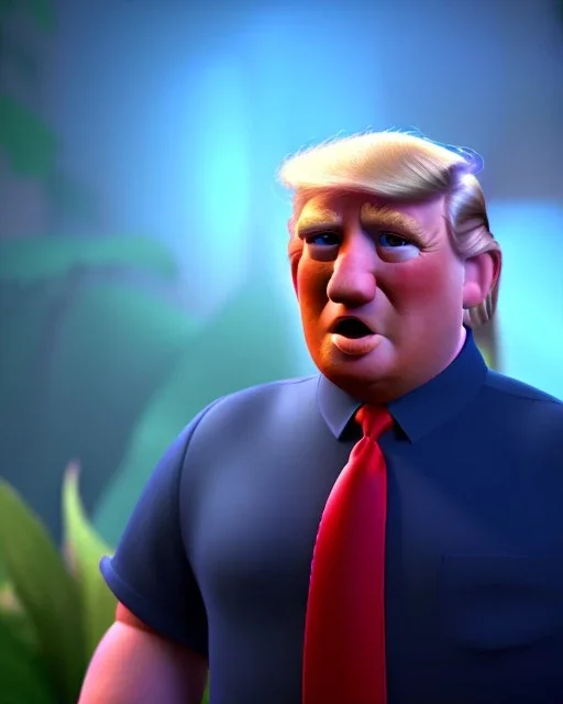 Realistic Waist up Portrait, Donald trump muppet, Wes Anderson style, photo studio, unreal engine 5, god lights, ray tracing, RTX, lumen lighting, ultra detail, volumetric lighting, 3d.