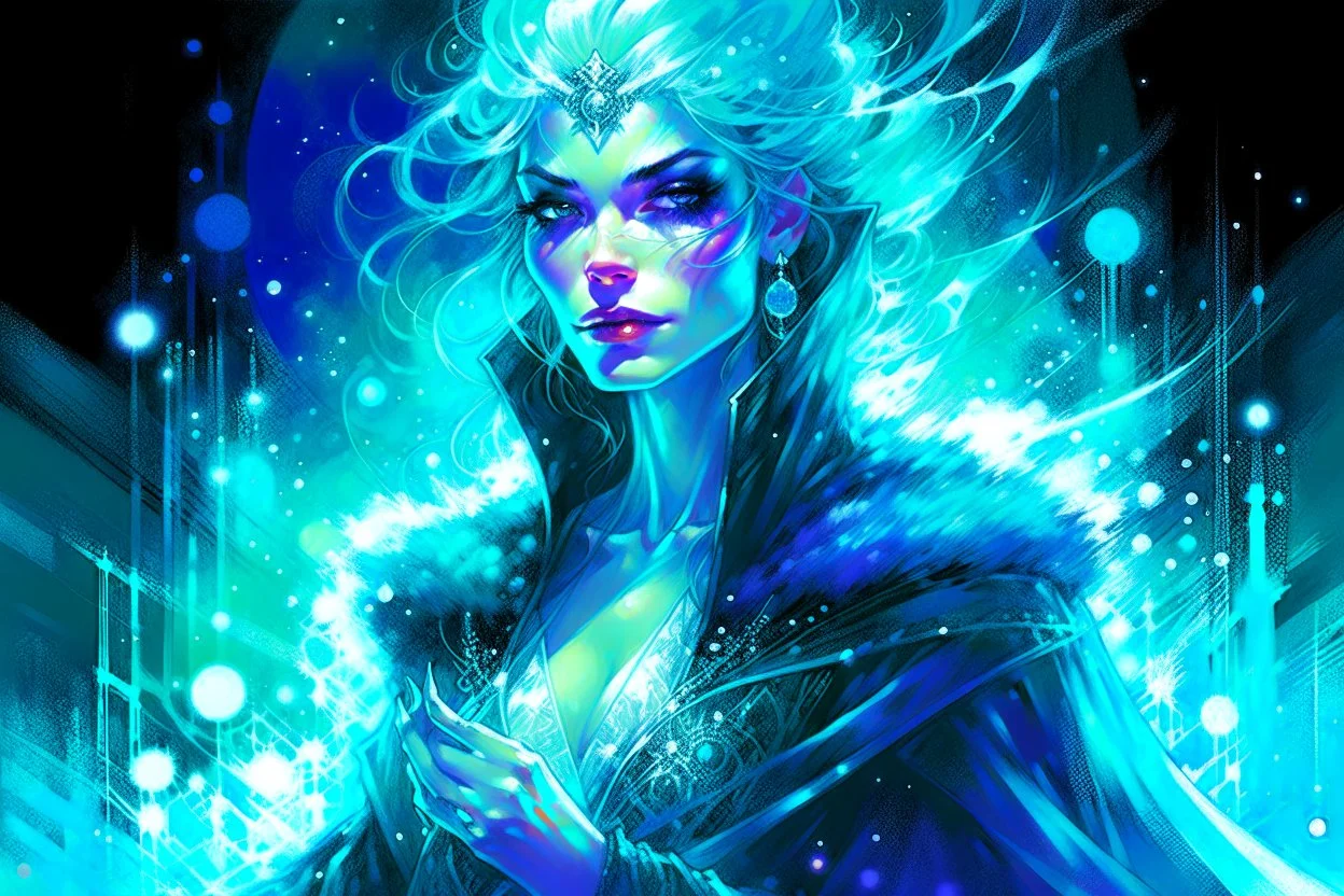 create a highly detailed high fantasy portrait illustration of a sensual sorceress clothed in hoarfrost, amidst a swirling blizzard on the eve of Samhain under the watch of a baleful moon in the graphic novel style of Bill Sienkiewicz, with highly detailed facial features and clothing, otherworldly and ethereal