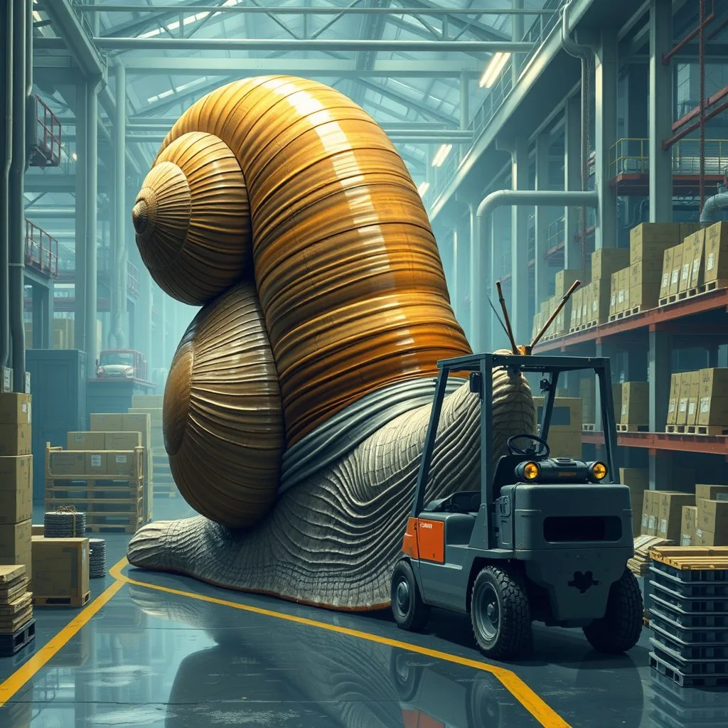 A giant snail in a factory sliming around and are in the way for every worker, forklift