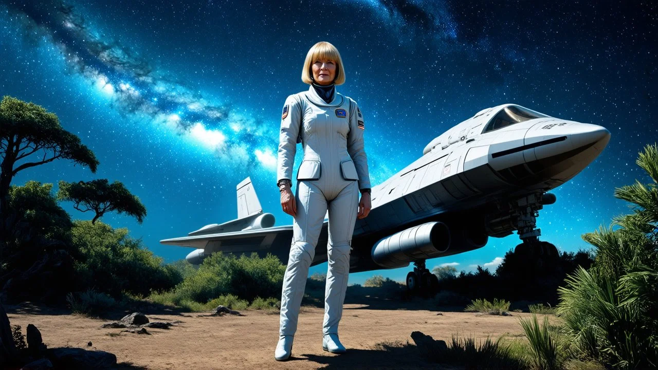 A photorealistic image of an adventurous, slender, older woman from the future, dressed in a tailored, full-body spacesuit, stands proudly beside her cargo spaceship. Her uncombed, blond hair has bangs. Standing in a jungle clearing. The scene is framed by a cosmic expanse of stars and nebulas.