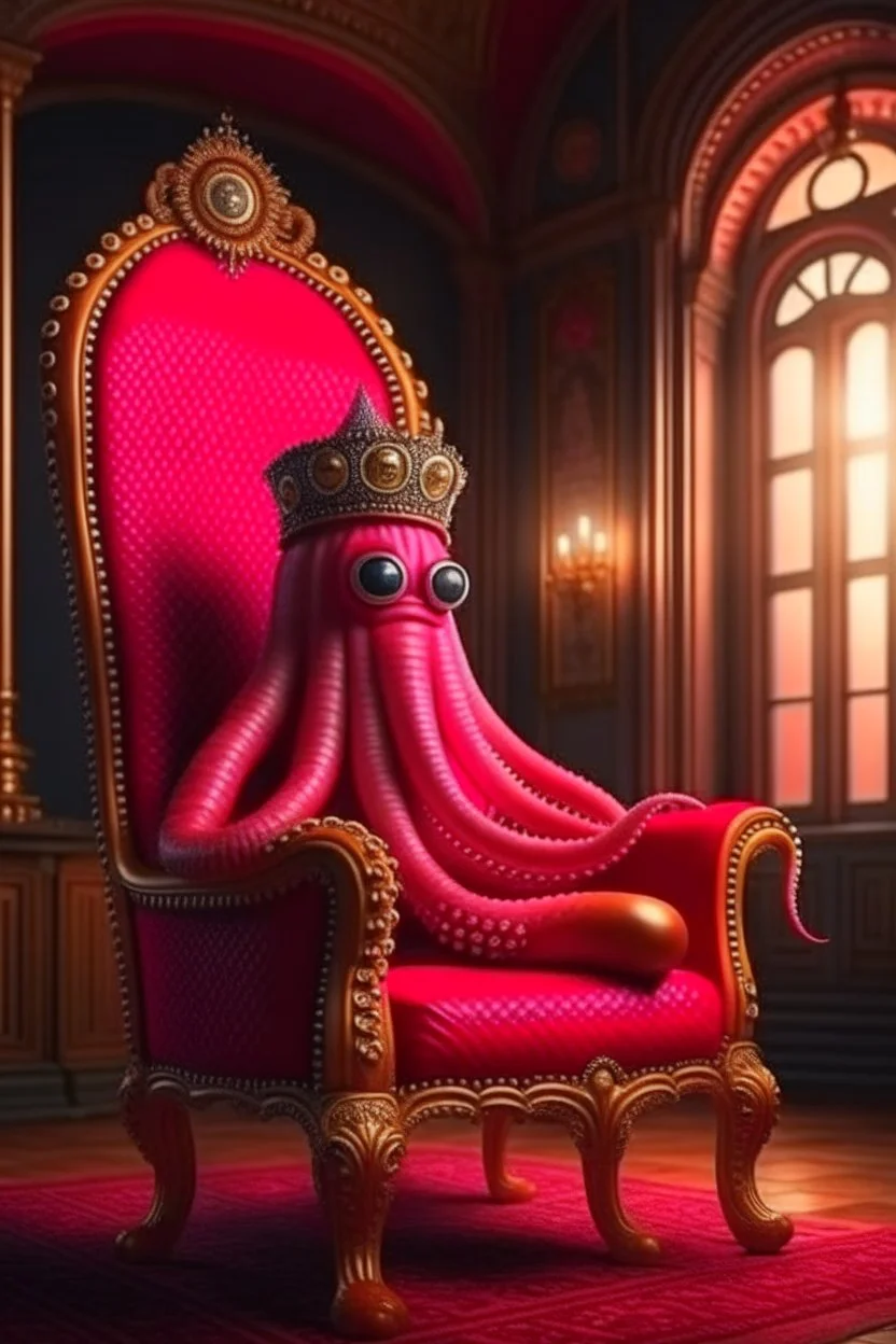 portrait of octopus chatbot with stylish wig smoking sigar on a throne in medieval castle, 4k, downlight, soft light, depth of field, photorealism