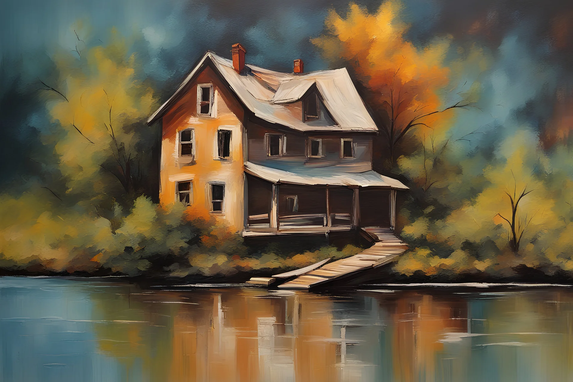 abstraktna umetniška slika akril stara hiša ob reki