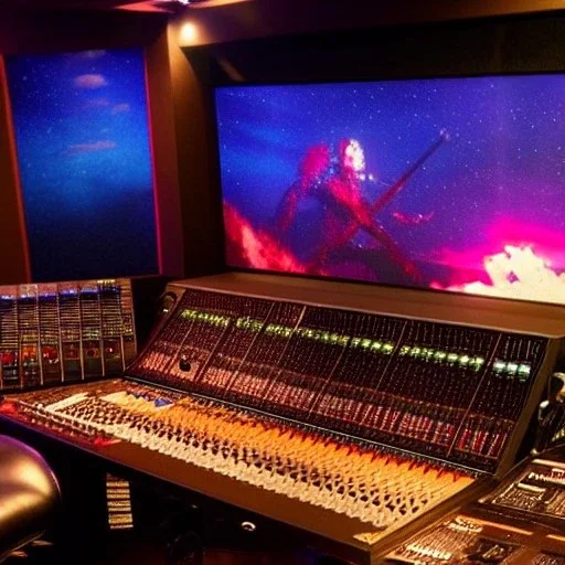 HOMME ANIMATEUR RADIO ASSIS DANS UN STUDIO D'ENREGISTREMENT, IRON MAIDEN, 4K, CIEL EN FEU