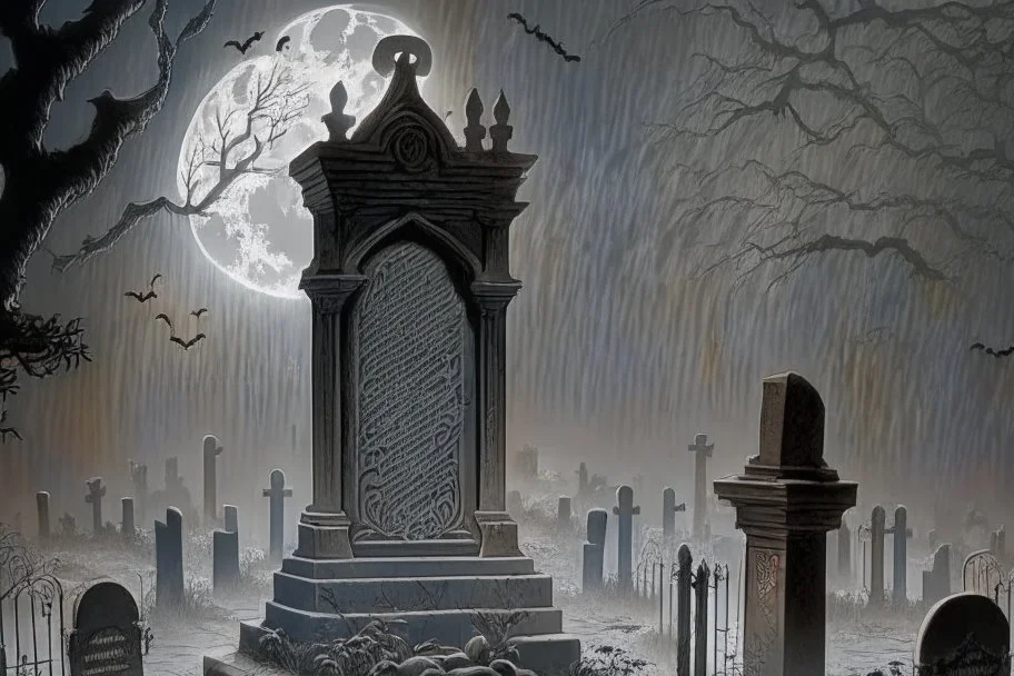 Cemetery with a ghostly figure looming over the scene:: hauntingly beautiful:: intricately detailed ::monochromatic color scheme:: dark and ominous