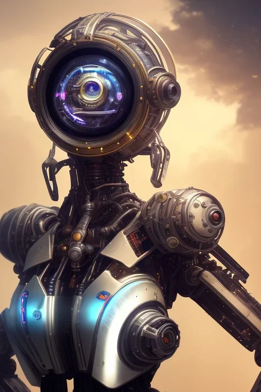 a beautiful full frame portrait digital painting of futuristic gaspunk robot, wide angle view, close-up, macro lens, centered camera, titanium accents, intricate details, small minutiae, tiny features, particulars, colorful, 8k, least ambient occlusion, volumetric lighting, volumetric clouds