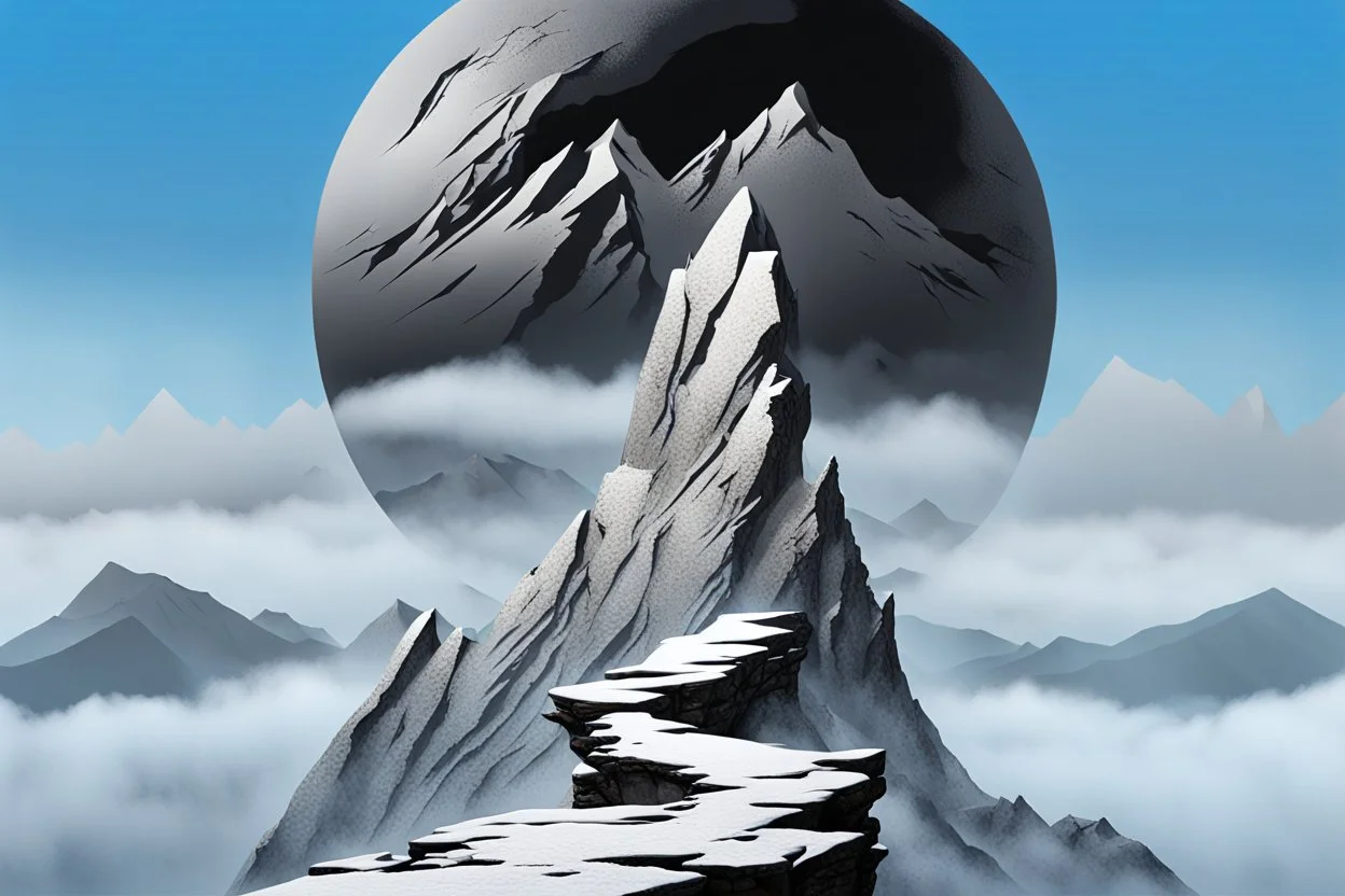 a single mountain rises out of a misty foreground shrouded in mist. The top peak of the mountain sticks into a big broken cracked destroyed shattered sphere. cinematic lighting, artstation, grim mood, looking up camera angle