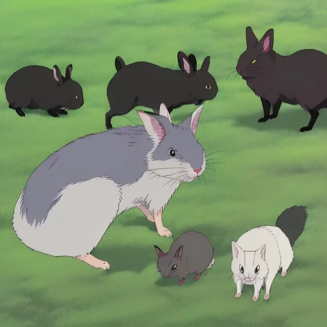 image with 3 animals: 1 grey rabbit + 1 black and grey rabbit + 1 red cat