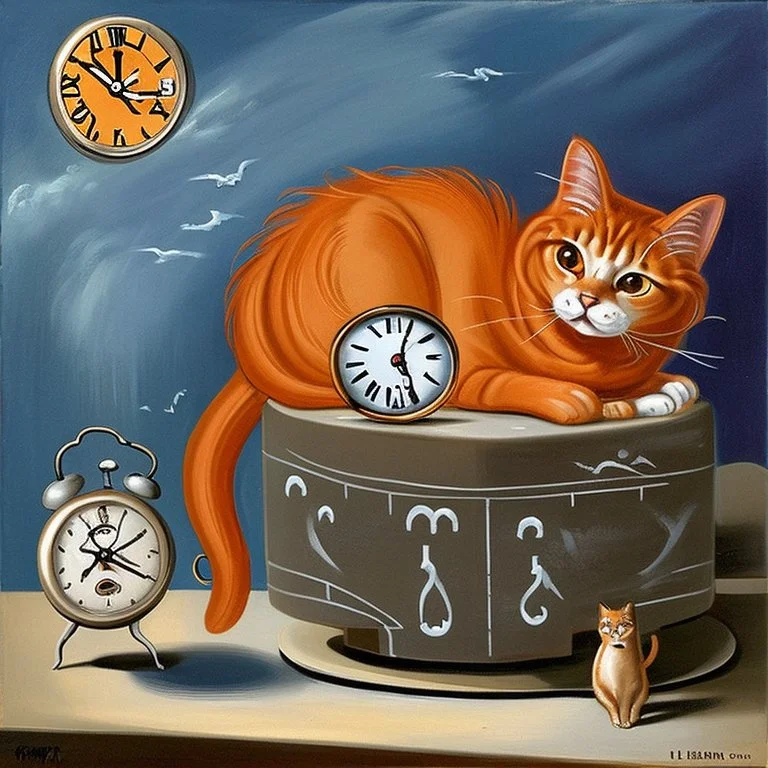 Orange longhairs cat with a clock, surrealism in the style of Salvador Dali