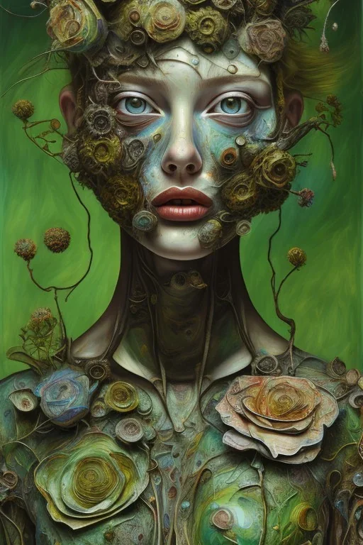 an abstract painting of flowers, by lucian freud and klimpt, rust, scaffolding, iron cladding, decay, mixed media, textured, anatomically correct, beautiful woman perfect face, green eyes, sharp focus, highly detailed. desolate background