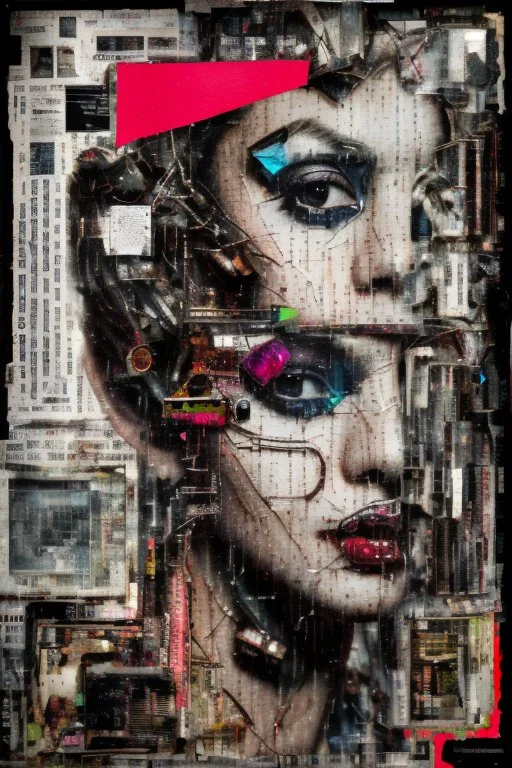 Ultra detailed medium portrait painting of a half naked woman sitting on a chair, no nudity, bended over, dark room with little light coming from an open door behind her, torn up collage of clippings, broken circuitry background, matrix effects, punk visual art, punk art aesthetic, graffiti art, pop surrealism, collage art, cluttered paint glitches