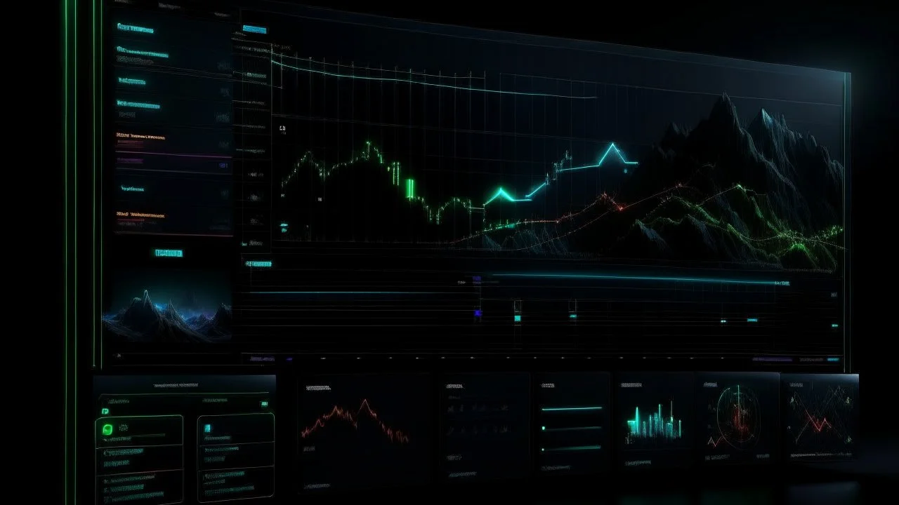 8k landscape realistic, visceral, Background: Design a captivating dark-themed background for a stock market website, infusing it with elements that resonate with the pulse of financial markets. Picture a scene where sleek graphs pierce the darkness like neon lights, where numbers glow with potential, and where headlines emerge like flashes of insight.