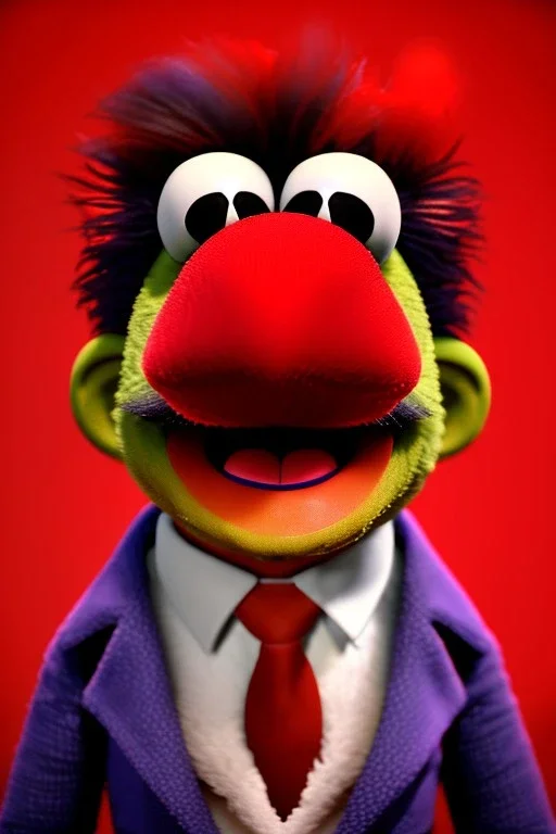 Waist up muppet Portrait, Nicolas maduro muppet doll, mustache, photo studio, red background, unreal engine 5, concept art, art station, ray tracing, lumen lighting, ultra detail, volumetric lighting, 3d.