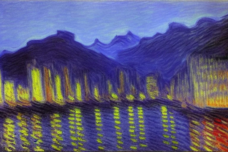 Night, cyberpunk buildings in the mountains, tendency to claude monet, tendency to science fiction, impressionism painting