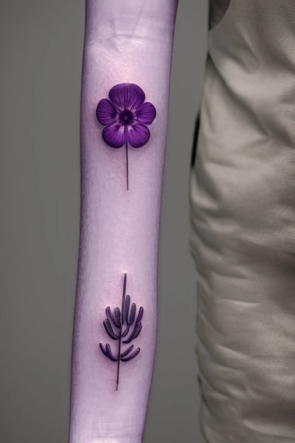 Very small tattoo in the shape of a purple Asteracea flower Photorealistic