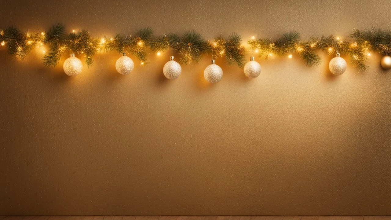 Little Christmas Decorations With Garland Lights On Golden Textured Wall.